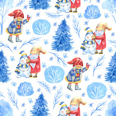 Seamless pattern with gnomes having fun outdoor, snow fir trees, bushes and snowflakes on white background. Watercolor hand painted illustration. Winter design