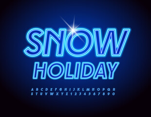 Vector Neon Sign Snow Holiday. Bright Blue Font. Set of electric Alphabet Letters and Numbers.
