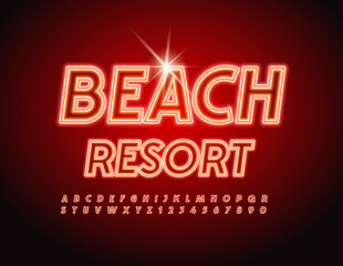 Vector Neon Sign Beach Resort. Bright Glowing Font. Illuminated Alphabet Letters and Numbers