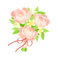 Wedding Bunch of Flowers Tied with Silk Ribbon Closeup Vector Illustration