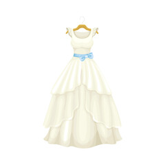 Fototapeta premium White Long Wedding Dress with Waist Belt on Hanger Closeup Vector Illustration