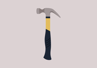 An isolated image of a hammer with an ergonomic yellow and black handle, housework