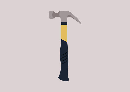 An isolated image of a hammer with an ergonomic yellow and black handle, housework