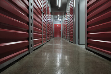 Storage corridor warehouse. Self storage facility, red and gray metal doors with locks. Moving,...