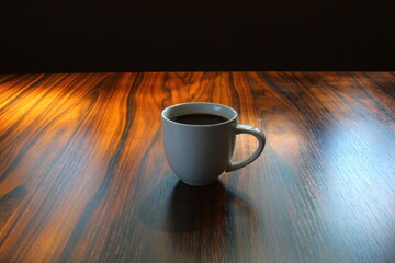 Cup of black coffee under wooden table. Brazilian coffee. Tradition of Brazil. Typical breakfast drink in Brazil