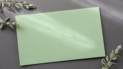Mockup of   blank light green card on gray background with silver plant branch  close-up. Wedding, Happy Birthday, greeting, invitation card