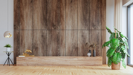 Wall mockup in modern living room with decoration on wooden wall background.