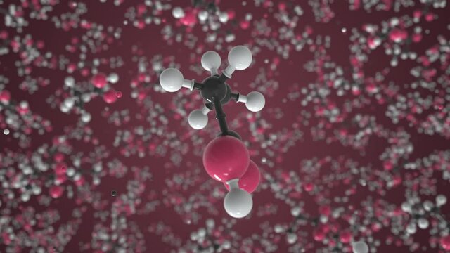 Propanoic acid molecule made with balls, scientific molecular model. Looping 3D animation or motion background