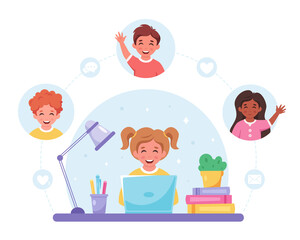 Children communicating online. Video call with friends, chatting online. Online studying, distance learning. Vector illustration	
