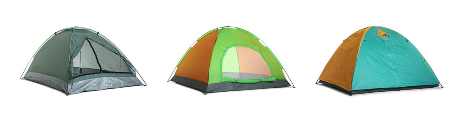 Set with different bright camping tents on white background. Banner design
