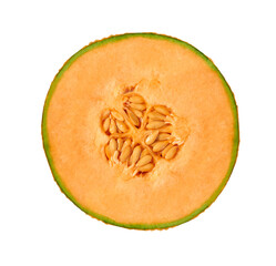 Slice cantaloupe melon flat lay. Melon isolated on white background, top view.