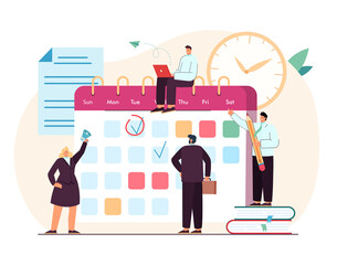 Tiny students and office person in process of making plan to reach aims in time. Business schedule with filling course campaign flat vector illustration. Calendar, media content, education concept