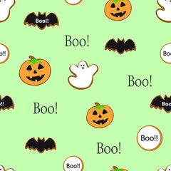 Halloween ghost, pumpkin, bat, Boo, cookies cute seamless repeat pattern with green background