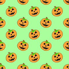 Halloween pumpkin with green background seamless repeat pattern