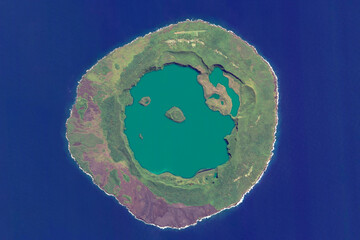 Niuafo’ou Island Volcano looking down aerial view from above, bird’s eye view Niuafo’ou...