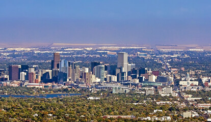 The Denver, Colorado skyline seen from Lookout Mountain west of the city.