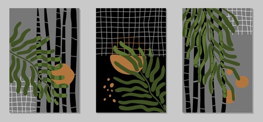 Fototapeta na wymiar Set of abstract posters of modern art on a gray and black background. Bamboo leaves and twigs. Linear art and spots. Vector backgrounds for print, cover and wall art.