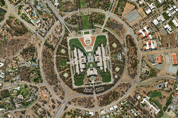 City of Canberra Capital Hill Parliament House in Canberra, Capital Circle looking down aerial view...