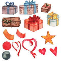 Watercolor illustration, collection of gift boxes on a white background, box. packaging for creating projects