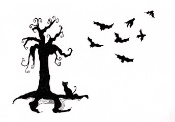 Fototapeta premium Ink drawing of mysterious dead bare tree, black cat and bats. Autumn Halloween background. Fantastic painting for festive decoration, card, print, book illustration. Cartoon style holiday artwork.