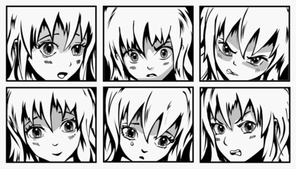 Anime girl faces. Black and white Manga style characters. Japanese cartoon face with big eyes set. Comic asian kawaii emotions