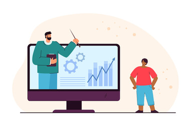 Woman watching online lecture. Tiny female person looking at teacher who showing diagram flat vector illustration. Distance learning concept for banner, website design or landing web page