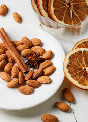Nuts and dried grapefruit. A healthy snack.