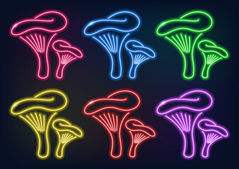 Neon frame. Set of neon mushrooms in different colors. Laser glowing lines on a black background. 