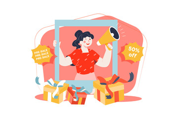 Shopping pre-sale promotion Illustration concept. Flat illustration isolated on white background.