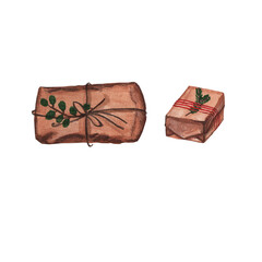 Watercolor illustrations. Gift boxes, kraft paper with spruce sprigs isolated on white background