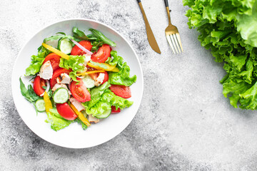 vegetables salad mix petals lettuce leaves, tomato, cucumber, onion vitamin aperitif fresh meal snack on the table copy space food background keto or paleo diet veggie vegan or vegetarian  no meat