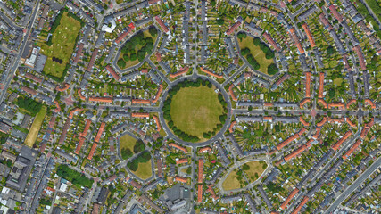 City of Dublin circular park and symmetrical green areas looking down aerial view from above –...