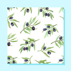 Pattern with olive branches. Watercolor olive branch with fruits. Vector illustration.