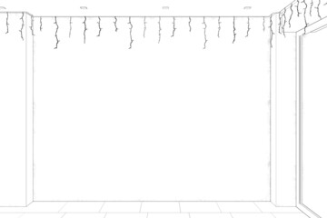Sketch of the modern minimalistic room with garland on a blank wall, large window, and tiled floor. Front view. 3d render