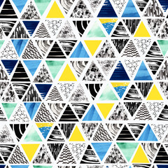 Fototapeta premium Collage seamless pattern, geometric triangle background, holiday backdrop