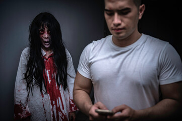 Portrait of asian woman make up ghost,Scary horror scene for background,Halloween festival...