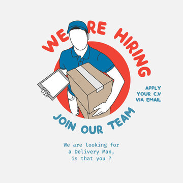 Square job vacancy design banner. Delivery courier recruitment design template. Business recruiting vector illustration with flat style.