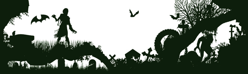 Fototapeta na wymiar Black silhouette of cemetery elements with gravestones and crosses. Panorama of a cemetery with monsters. Vector illustration. EPS10