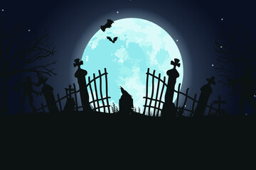 a cemetery, a broken gate, a crow sitting on a grave, a full moon. Vector