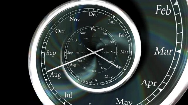 Time runs like the river current. Clock's pins rolling pass through the spiral calendar dial infinitely. 4k 30fps 300 frames Loop.