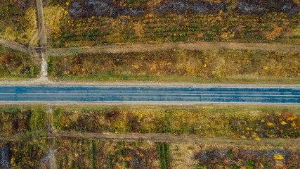 Aerial top down view of countryside asphalt road at autumn. Autumn colors. Nature