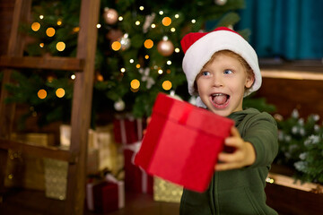 Fototapeta na wymiar Boy in a Christmas hat is holding a gift in a beautiful package against the background of a Christmas tree. Child gives a Christmas gift.