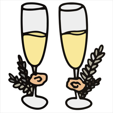 Vector image of two glasses with flowers. Hand-drawn. Design of posters, postcards, invitations, prints, stickers, holidays, decor, logo.