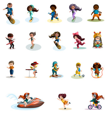 Vector image of a collection of stylized characters with versatile activities. Cartoon style. Isolated over white background. EPS 10