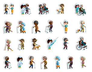 Fototapeta premium Vector image of stickers of old people who take care of their appearance and health. Medic. Cartoon style. EPS 10