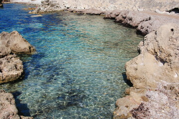 Camp de Mar, seacoast of the beach in mallorca with beaturiful view of the sea. Sea view of turquoise colour. Concept of summer, travel, relax and enjoy