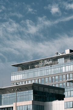 10.07.2021 Gdansk, Poland. Bayeron the office building. Bayeron the facade of one of their corporate office buildings located in Polish Gdansk headquarters