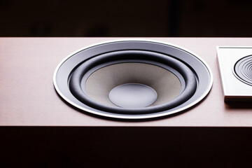 Audio speaker with a wooden brown case on a black background.