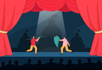 Actors fighting on stage flat vector illustration. Two young smiling men holding spear and shield in scene. Theater and play concept for banner, website design or landing web page