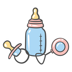 Illustration of bottle, pacifier and rattle. Items for newborn. Happy Birthday image. Holiday baby shower simbols.
